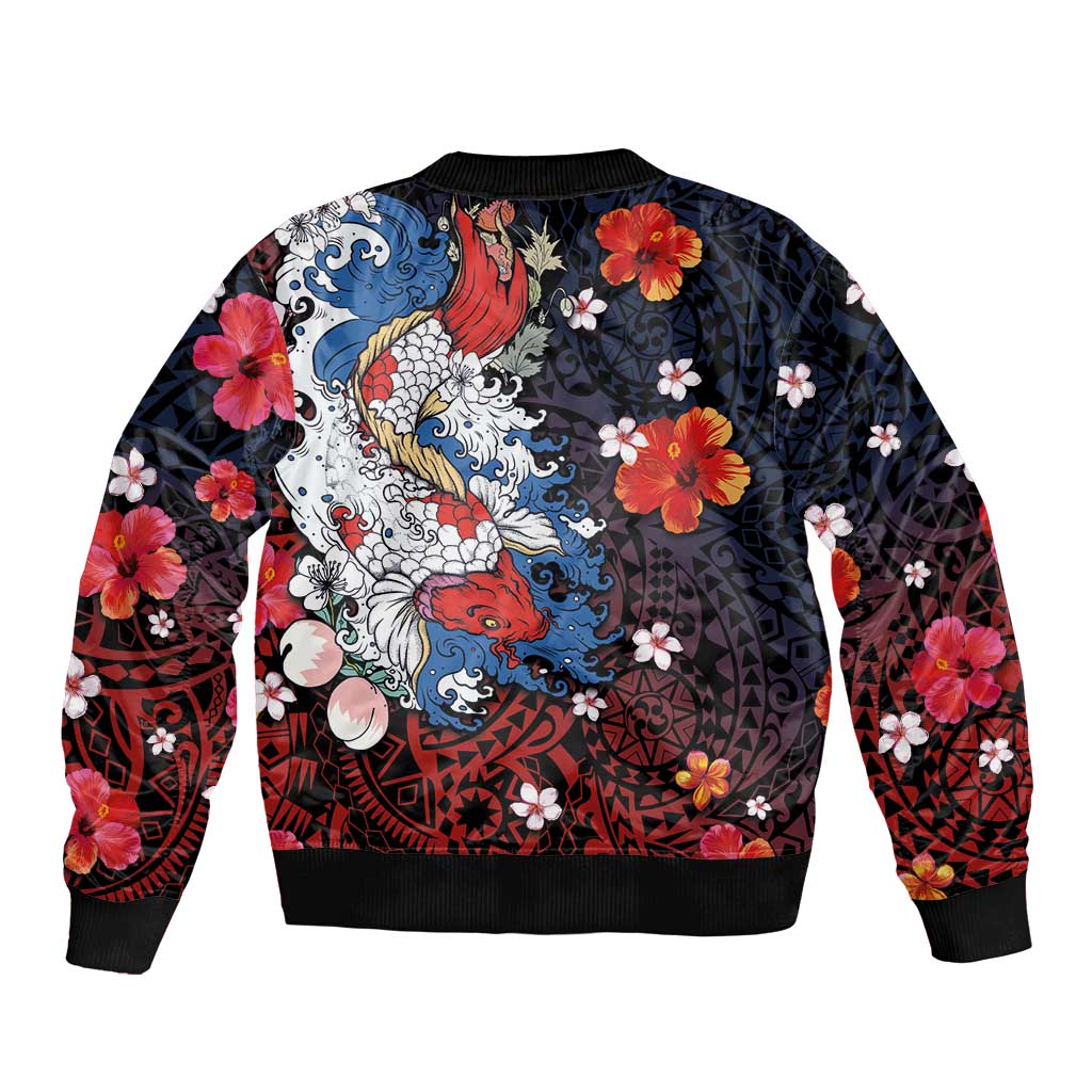 Hawaiian and Japanese Together Sleeve Zip Bomber Jacket Hibiscus and Koi Fish Polynesian Pattern Colorful Style LT03 - Polynesian Pride