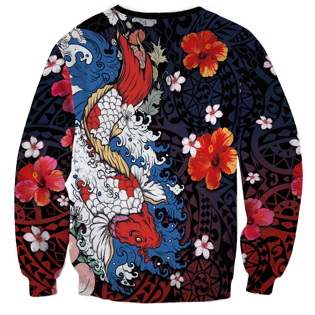 Hawaiian and Japanese Together Sweatshirt Hibiscus and Koi Fish Polynesian Pattern Colorful Style