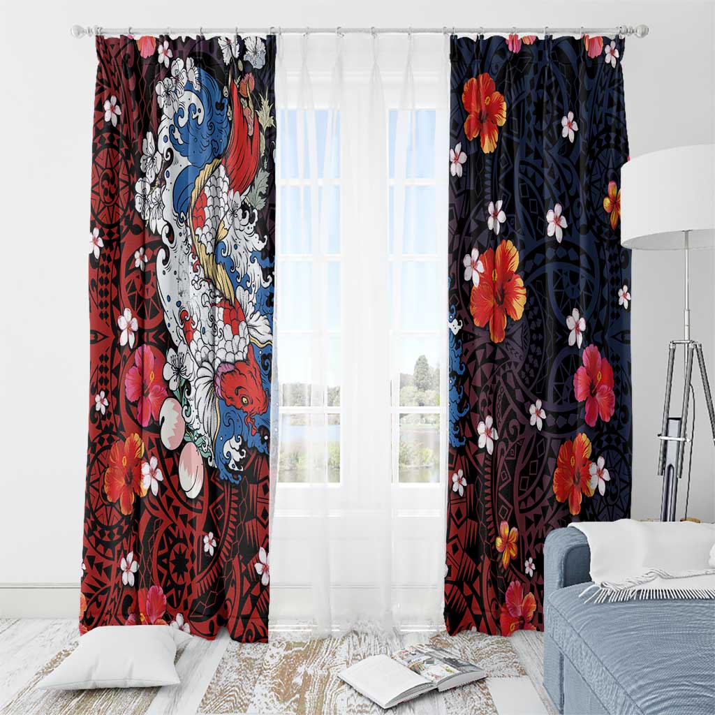 Hawaiian and Japanese Together Window Curtain Hibiscus and Koi Fish Polynesian Pattern Colorful Style
