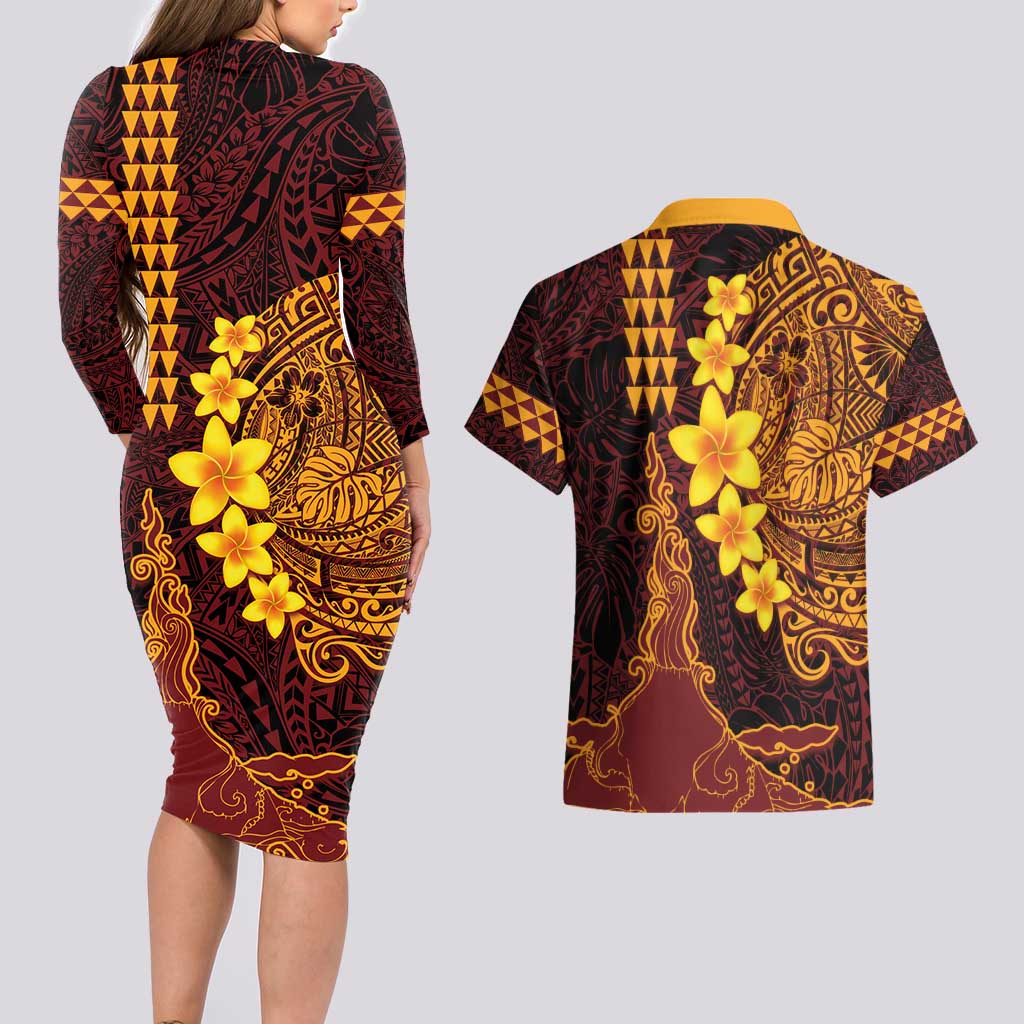 Hawaii Volcano Couples Matching Long Sleeve Bodycon Dress and Hawaiian Shirt Polynesian and Kakau Pattern