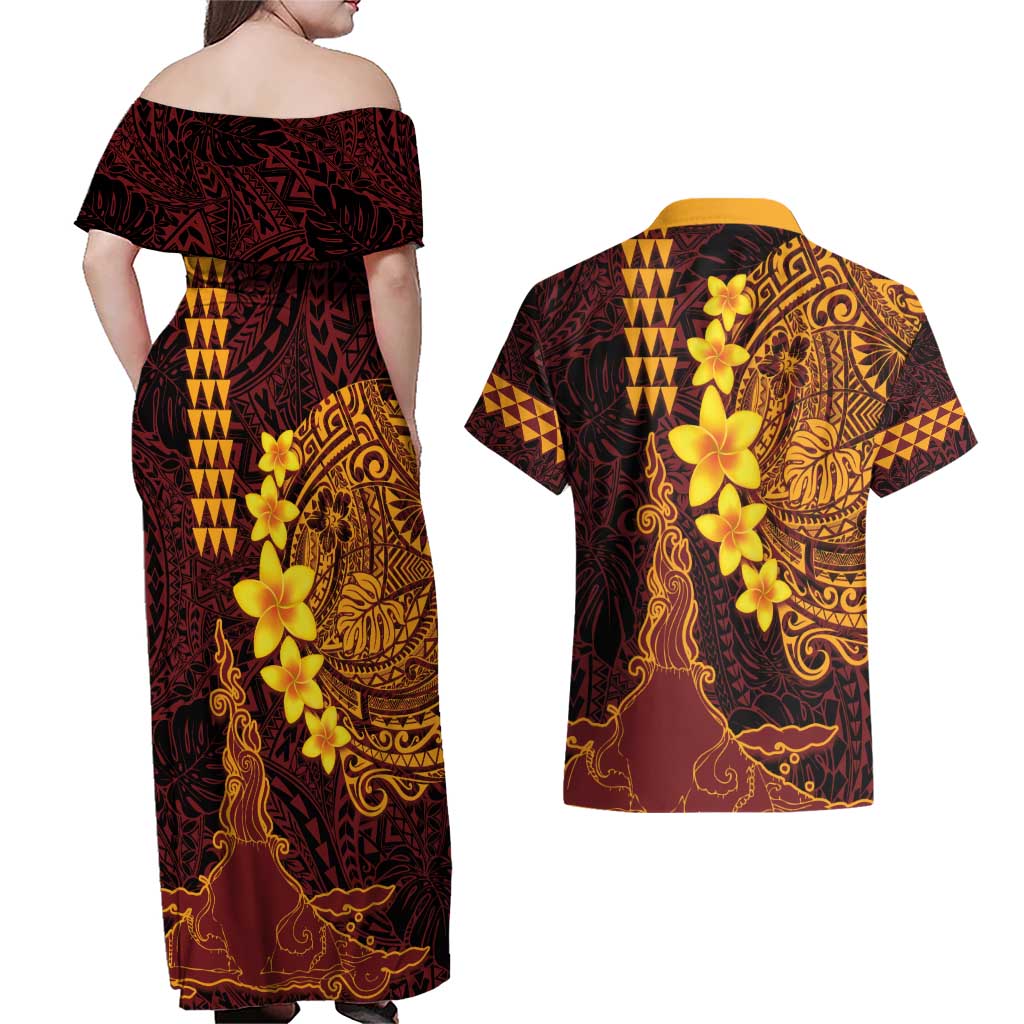Hawaii Volcano Couples Matching Off Shoulder Maxi Dress and Hawaiian Shirt Polynesian and Kakau Pattern