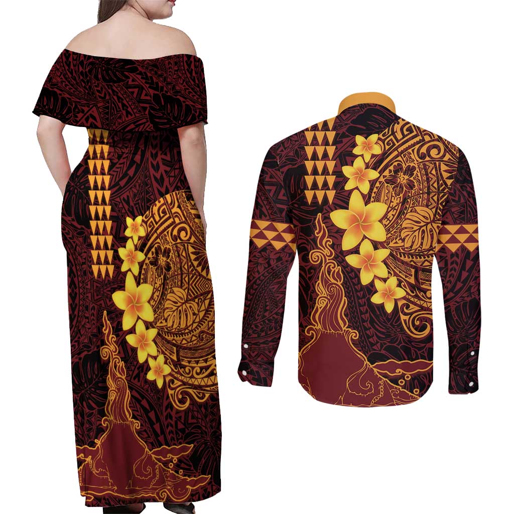 Hawaii Volcano Couples Matching Off Shoulder Maxi Dress and Long Sleeve Button Shirt Polynesian and Kakau Pattern