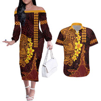 Hawaii Volcano Couples Matching Off The Shoulder Long Sleeve Dress and Hawaiian Shirt Polynesian and Kakau Pattern