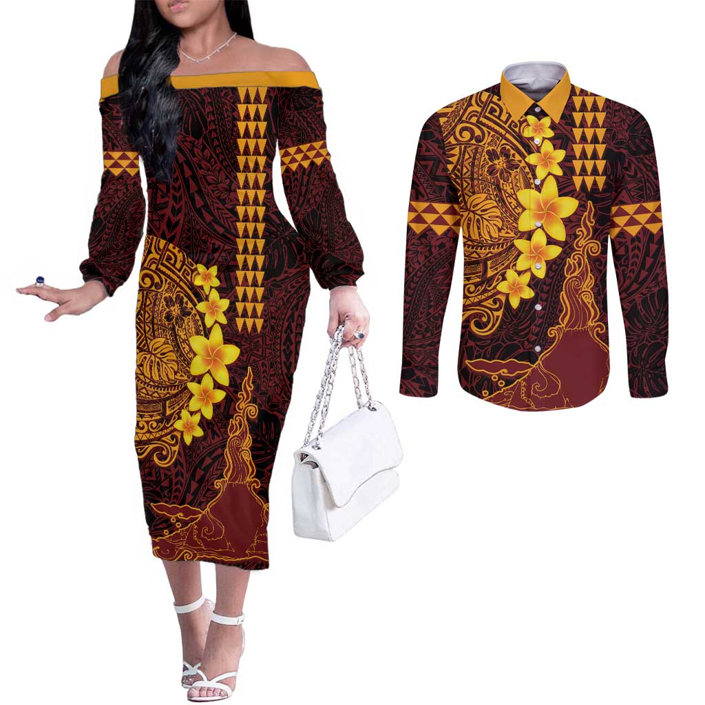 Hawaii Volcano Couples Matching Off The Shoulder Long Sleeve Dress and Long Sleeve Button Shirt Polynesian and Kakau Pattern