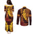 Hawaii Volcano Couples Matching Puletasi and Long Sleeve Button Shirt Polynesian and Kakau Pattern