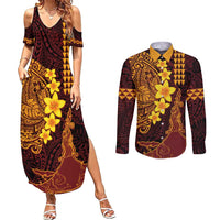 Hawaii Volcano Couples Matching Summer Maxi Dress and Long Sleeve Button Shirt Polynesian and Kakau Pattern