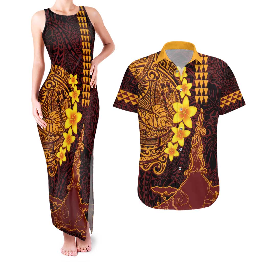 Hawaii Volcano Couples Matching Tank Maxi Dress and Hawaiian Shirt Polynesian and Kakau Pattern