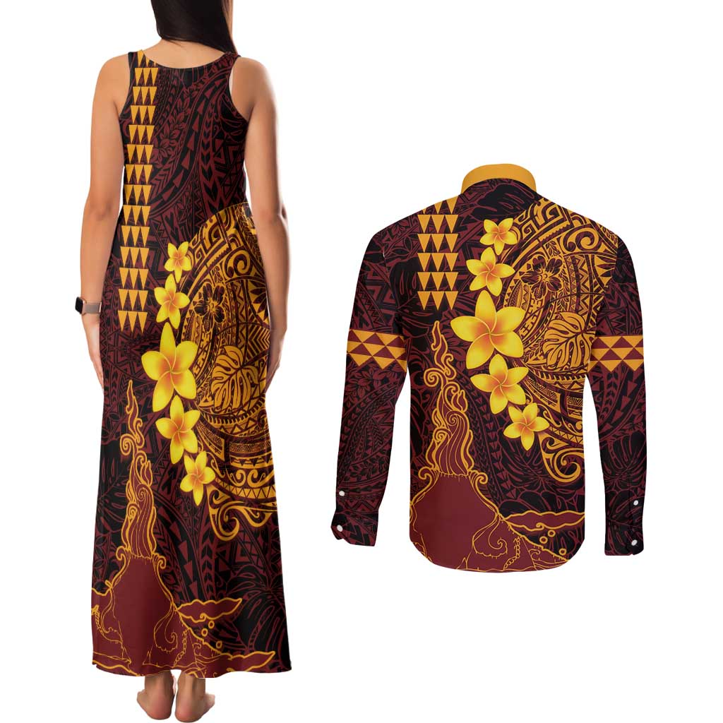 Hawaii Volcano Couples Matching Tank Maxi Dress and Long Sleeve Button Shirt Polynesian and Kakau Pattern