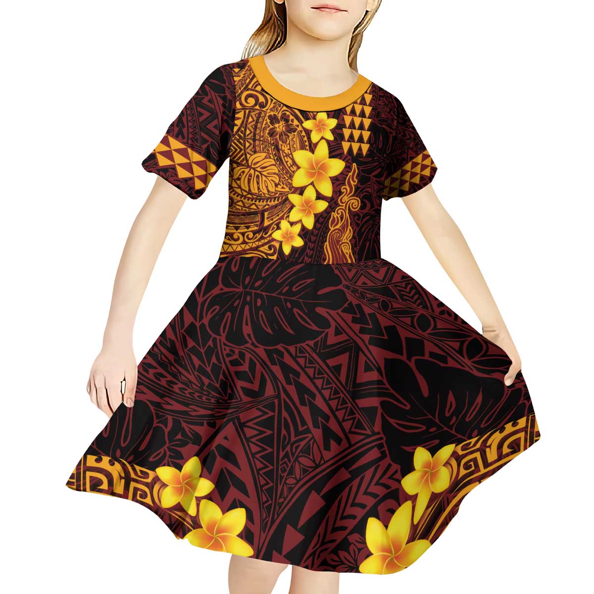 Hawaii Volcano Kid Short Sleeve Dress Polynesian and Kakau Pattern