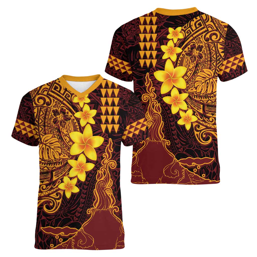 Hawaii Volcano Women V-Neck T-Shirt Polynesian and Kakau Pattern