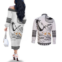 Fijian Traditional Culture Couples Matching Off The Shoulder Long Sleeve Dress and Long Sleeve Button Shirt Tapa Tribal Tattoos - Polynesian Pride