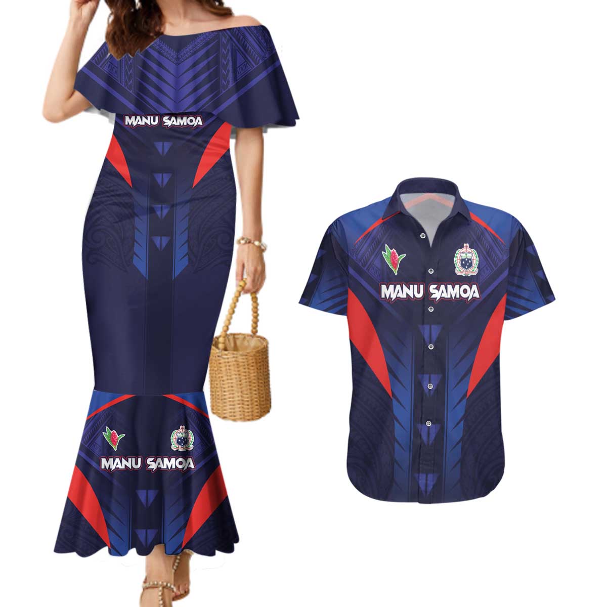 Custom Rugby Samoa Couples Matching Mermaid Dress and Hawaiian Shirt Siva Tau Spirit Sporty Vibes - Polynesian Pride