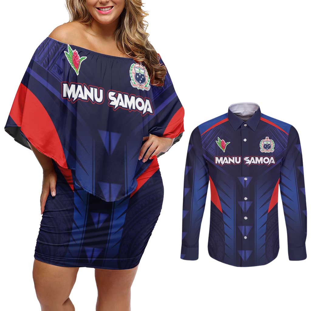 Custom Rugby Samoa Couples Matching Off Shoulder Short Dress and Long Sleeve Button Shirt Siva Tau Spirit Sporty Vibes - Polynesian Pride