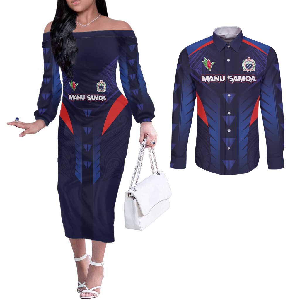 Custom Rugby Samoa Couples Matching Off The Shoulder Long Sleeve Dress and Long Sleeve Button Shirt Siva Tau Spirit Sporty Vibes - Polynesian Pride