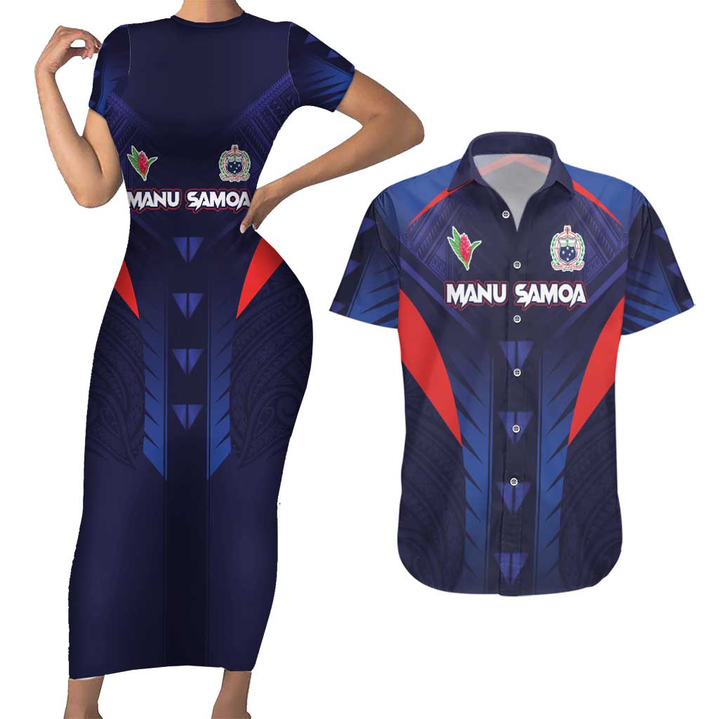 Custom Rugby Samoa Couples Matching Short Sleeve Bodycon Dress and Hawaiian Shirt Siva Tau Spirit Sporty Vibes - Polynesian Pride