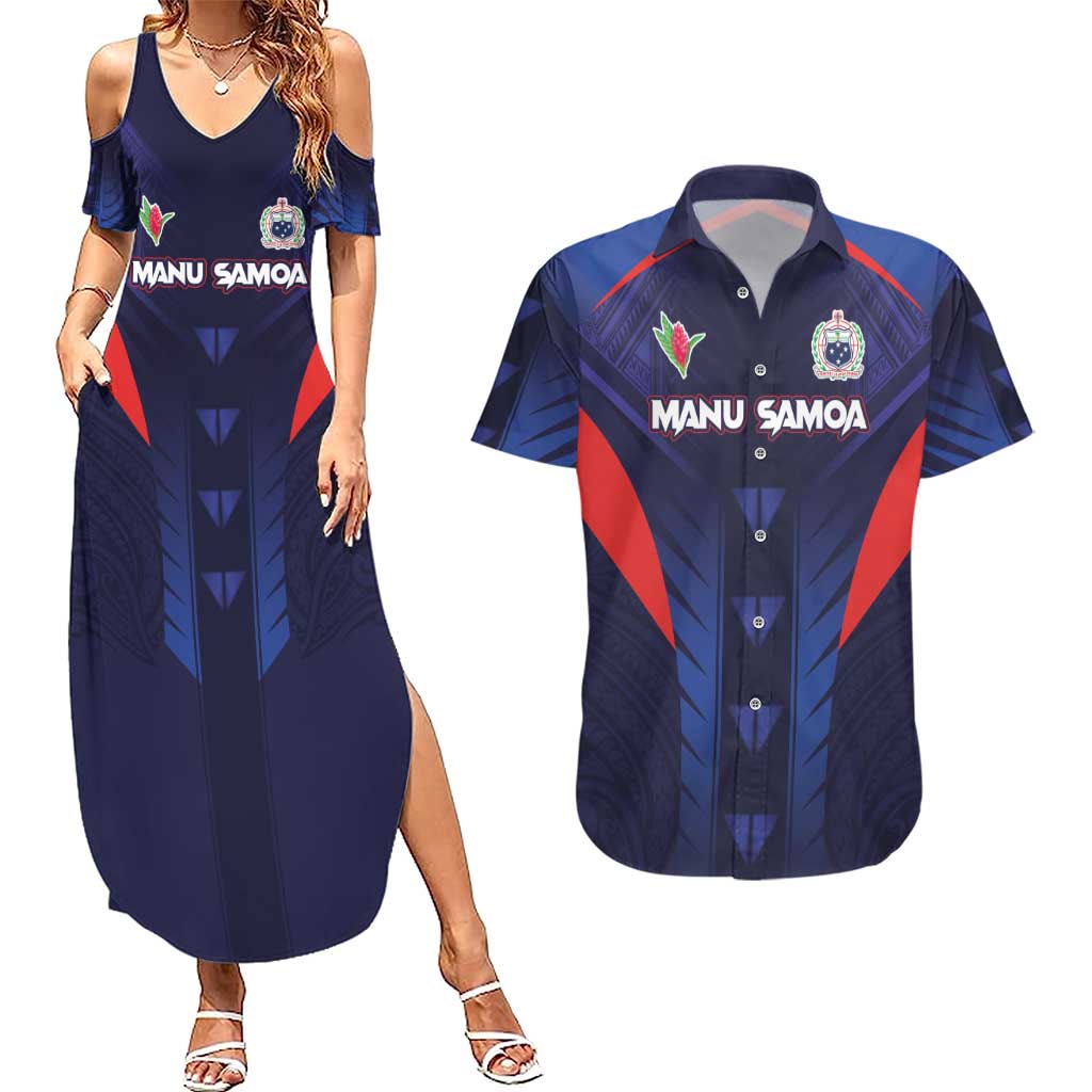 Custom Rugby Samoa Couples Matching Summer Maxi Dress and Hawaiian Shirt Siva Tau Spirit Sporty Vibes - Polynesian Pride