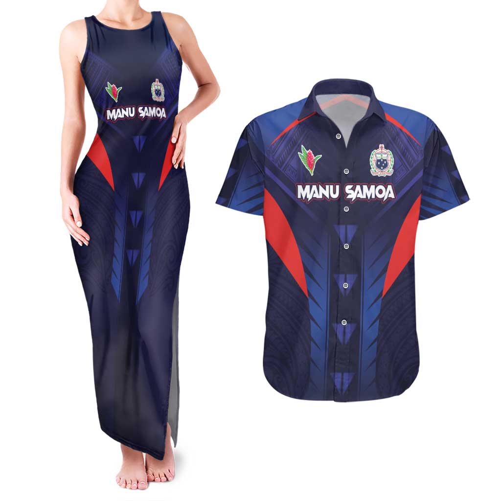 Custom Rugby Samoa Couples Matching Tank Maxi Dress and Hawaiian Shirt Siva Tau Spirit Sporty Vibes - Polynesian Pride