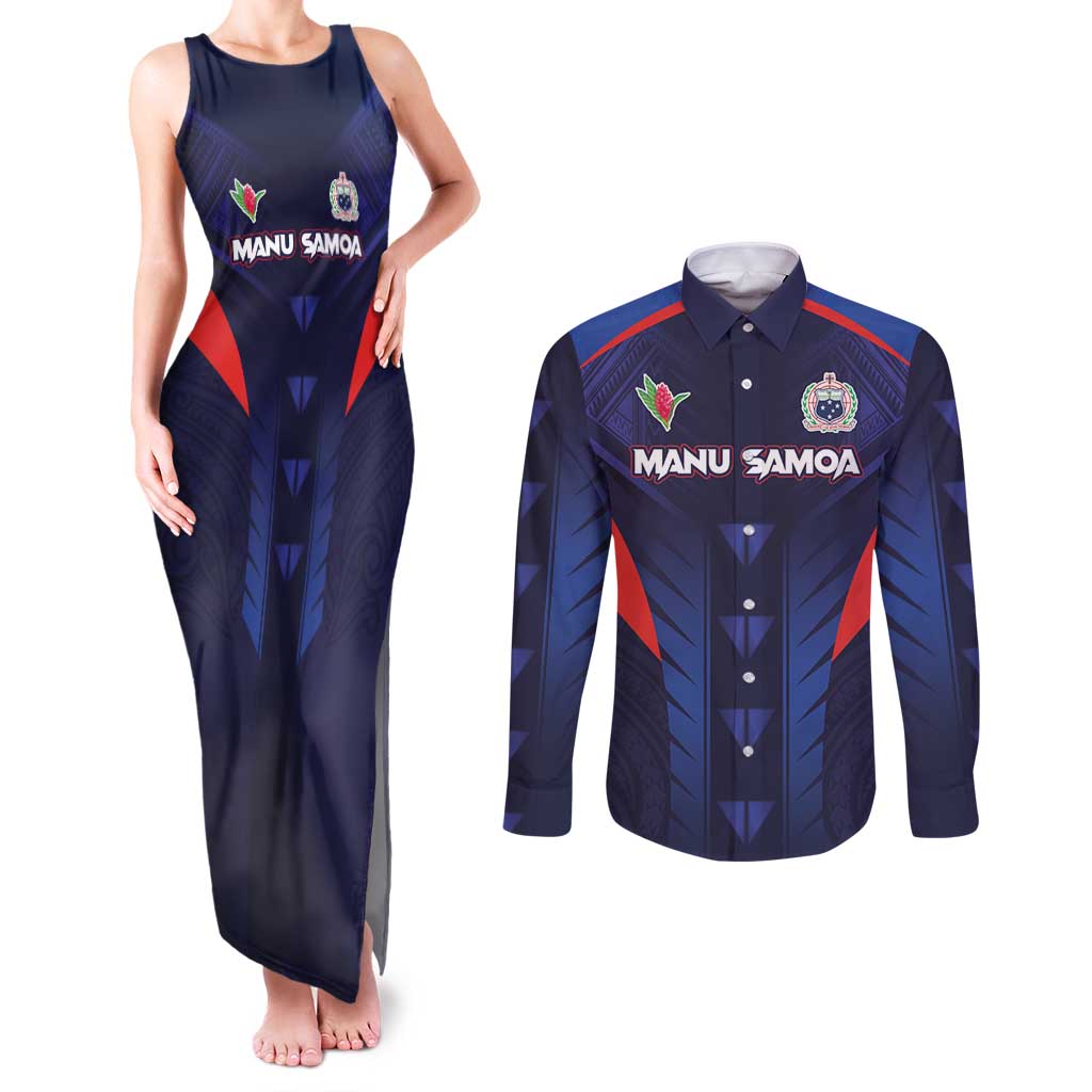Custom Rugby Samoa Couples Matching Tank Maxi Dress and Long Sleeve Button Shirt Siva Tau Spirit Sporty Vibes - Polynesian Pride