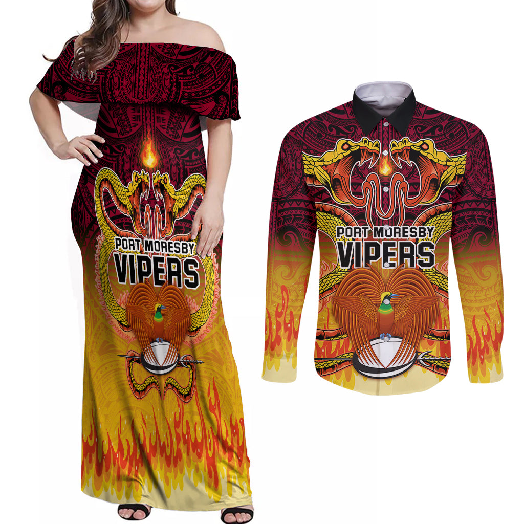 PNG Port Moresby Vipers Rugby Couples Matching Off Shoulder Maxi Dress and Long Sleeve Button Shirts Fire Vipers Mix PNG Bird Polynesian Tattoo LT03 Yellow - Polynesian Pride