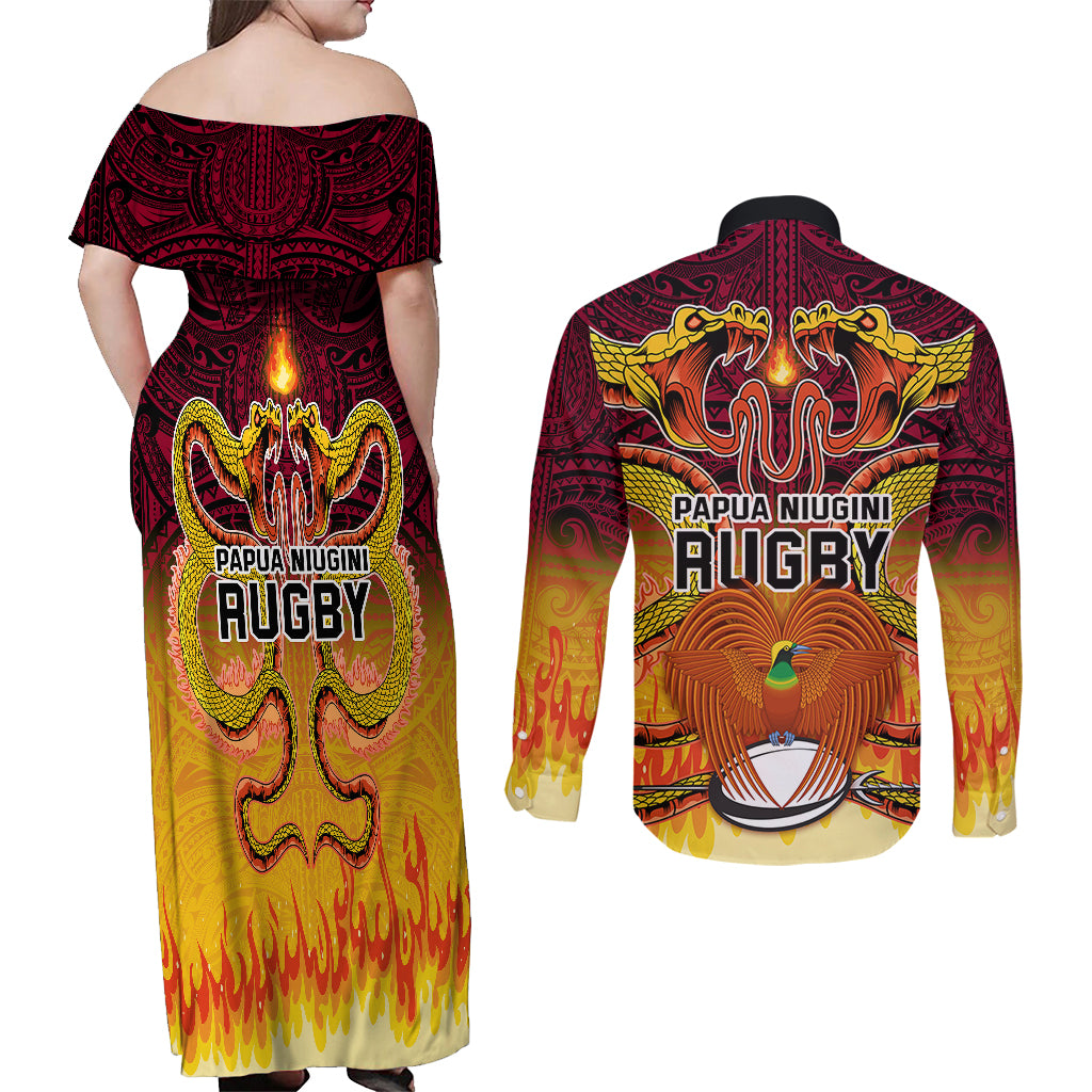 PNG Port Moresby Vipers Rugby Couples Matching Off Shoulder Maxi Dress and Long Sleeve Button Shirts Fire Vipers Mix PNG Bird Polynesian Tattoo LT03 - Polynesian Pride