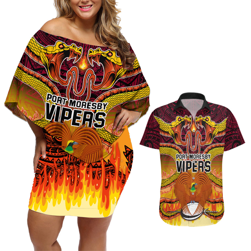 PNG Port Moresby Vipers Rugby Couples Matching Off Shoulder Short Dress and Hawaiian Shirt Fire Vipers Mix PNG Bird Polynesian Tattoo LT03 Yellow - Polynesian Pride