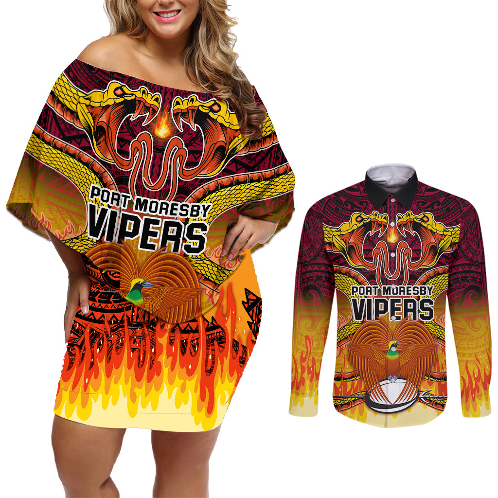 PNG Port Moresby Vipers Rugby Couples Matching Off Shoulder Short Dress and Long Sleeve Button Shirts Fire Vipers Mix PNG Bird Polynesian Tattoo LT03 Yellow - Polynesian Pride