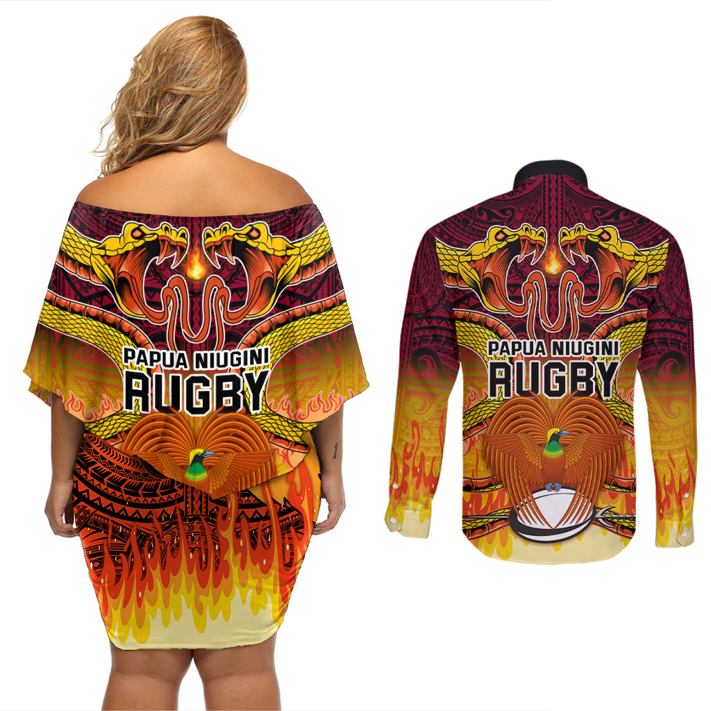 PNG Port Moresby Vipers Rugby Couples Matching Off Shoulder Short Dress and Long Sleeve Button Shirts Fire Vipers Mix PNG Bird Polynesian Tattoo LT03 - Polynesian Pride