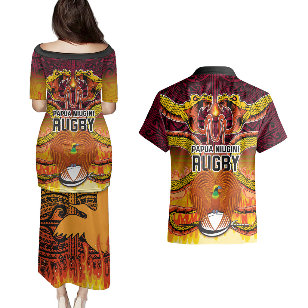 PNG Port Moresby Vipers Rugby Couples Matching Puletasi Dress and Hawaiian Shirt Fire Vipers Mix PNG Bird Polynesian Tattoo LT03 - Polynesian Pride