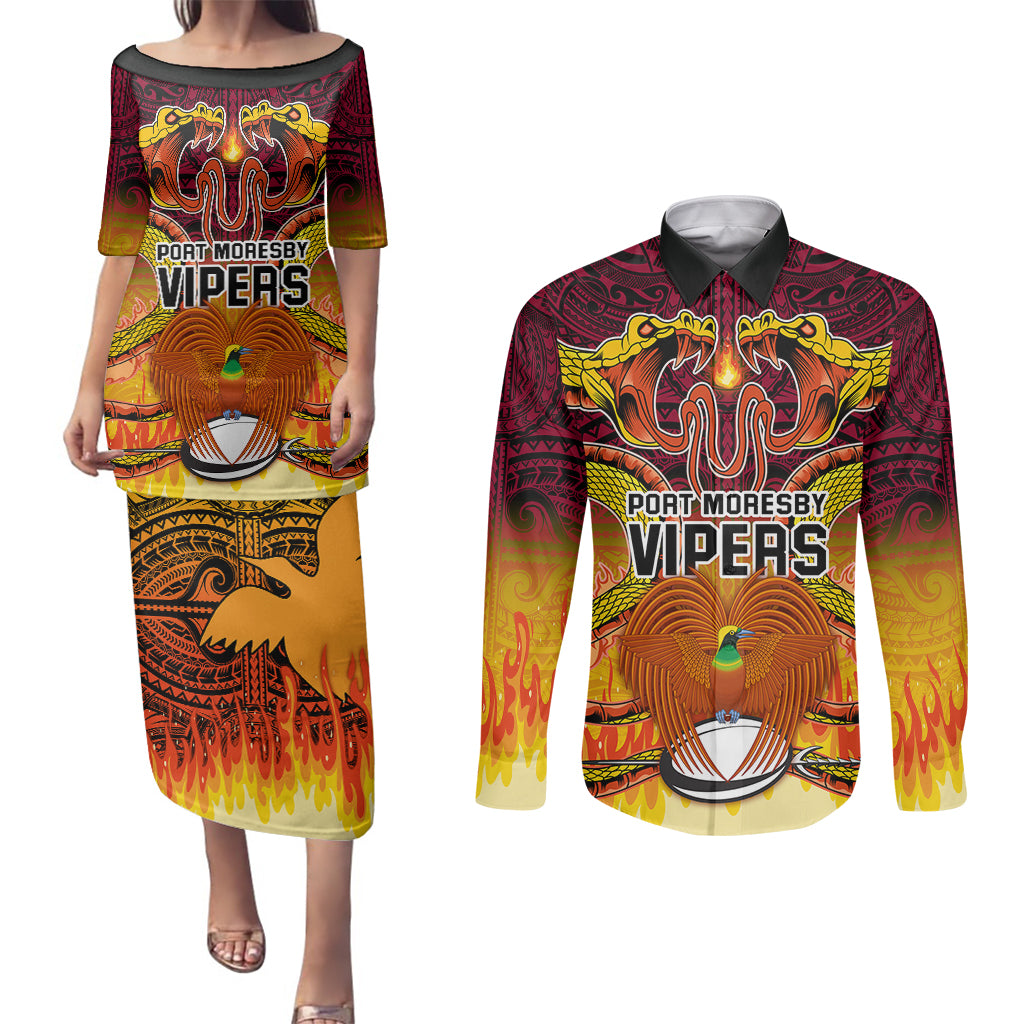 PNG Port Moresby Vipers Rugby Couples Matching Puletasi Dress and Long Sleeve Button Shirts Fire Vipers Mix PNG Bird Polynesian Tattoo LT03 Yellow - Polynesian Pride