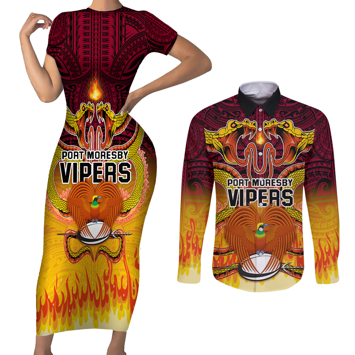 PNG Port Moresby Vipers Rugby Couples Matching Short Sleeve Bodycon Dress and Long Sleeve Button Shirts Fire Vipers Mix PNG Bird Polynesian Tattoo LT03 Yellow - Polynesian Pride