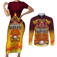 PNG Port Moresby Vipers Rugby Couples Matching Short Sleeve Bodycon Dress and Long Sleeve Button Shirts Fire Vipers Mix PNG Bird Polynesian Tattoo LT03 Yellow - Polynesian Pride