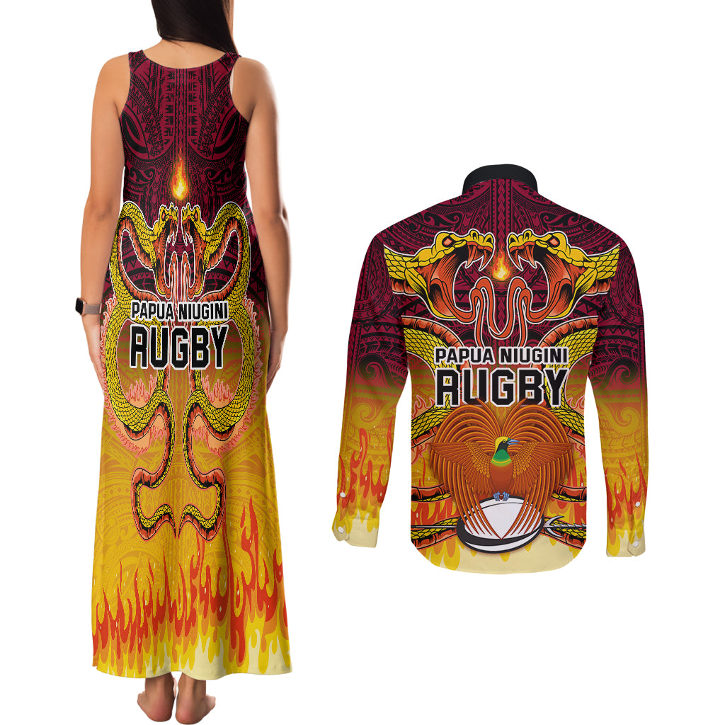 PNG Port Moresby Vipers Rugby Couples Matching Tank Maxi Dress and Long Sleeve Button Shirts Fire Vipers Mix PNG Bird Polynesian Tattoo LT03 - Polynesian Pride