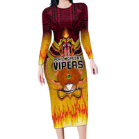PNG Port Moresby Vipers Rugby Long Sleeve Bodycon Dress Fire Vipers Mix PNG Bird Polynesian Tattoo LT03 Long Dress Yellow - Polynesian Pride