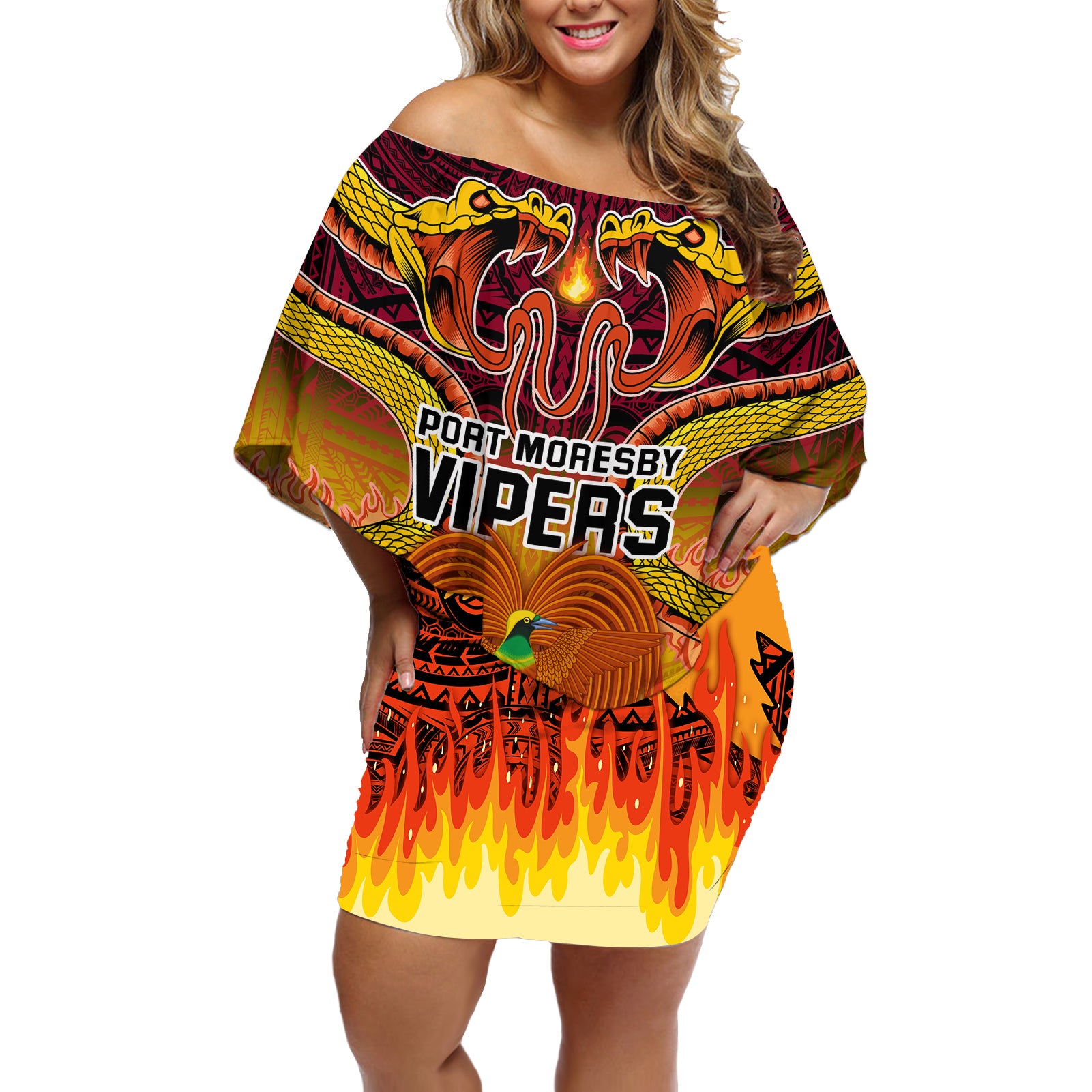 PNG Port Moresby Vipers Rugby Off Shoulder Short Dress Fire Vipers Mix PNG Bird Polynesian Tattoo LT03 Women Yellow - Polynesian Pride