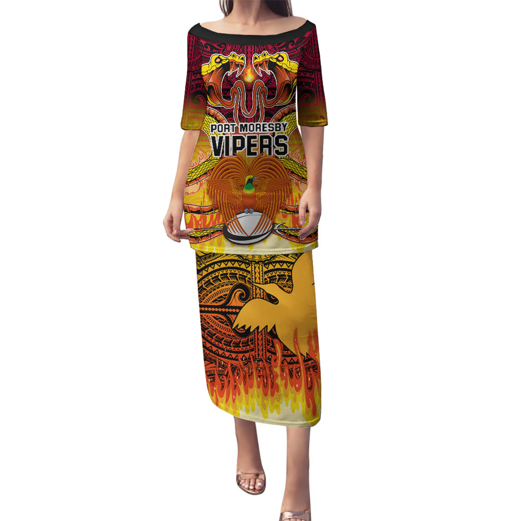 PNG Port Moresby Vipers Rugby Puletasi Fire Vipers Mix PNG Bird Polynesian Tattoo LT03 Long Dress Yellow - Polynesian Pride