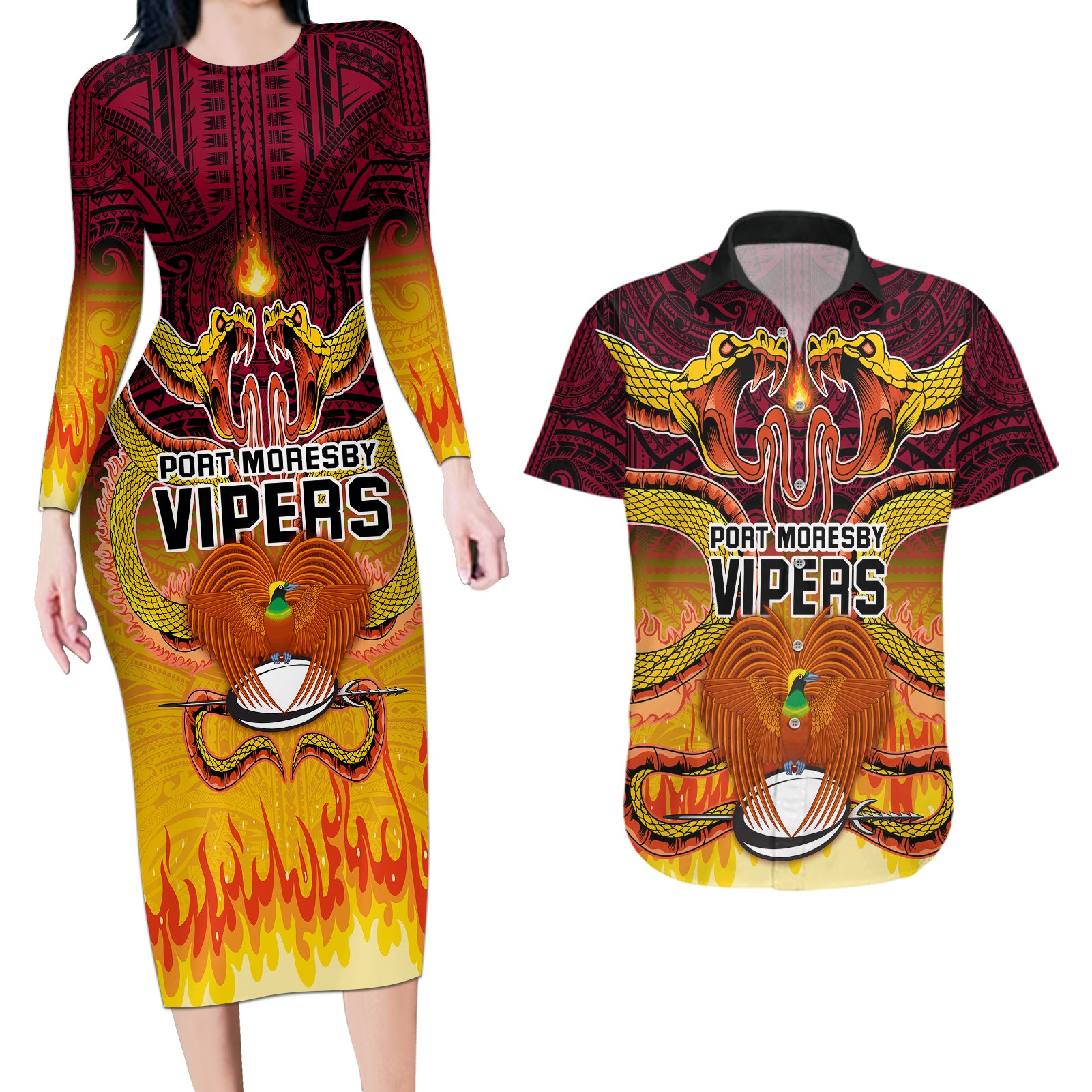 Custom PNG Port Moresby Vipers Rugby Couples Matching Long Sleeve Bodycon Dress and Hawaiian Shirt Fire Vipers Mix PNG Bird Polynesian Tattoo LT03 Yellow - Polynesian Pride