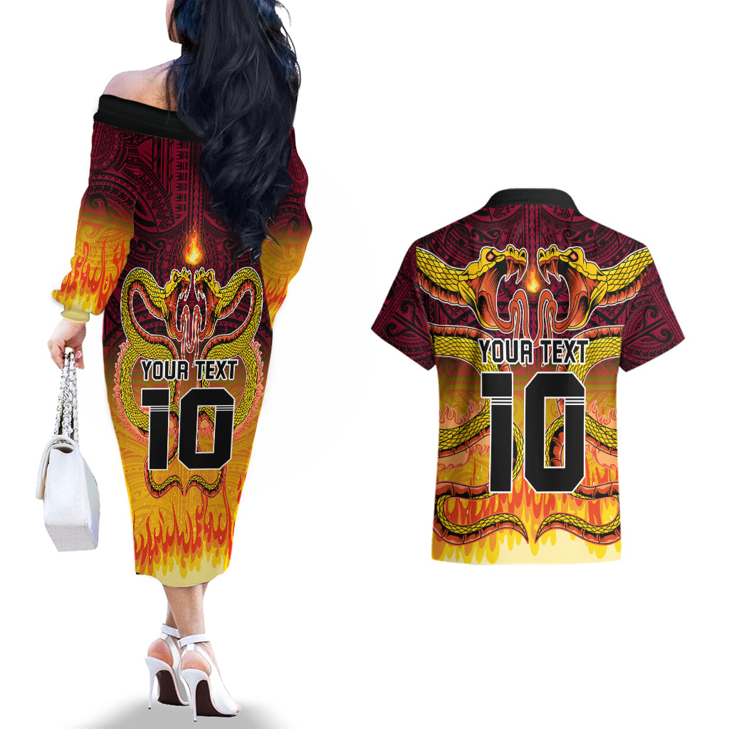 Custom PNG Port Moresby Vipers Rugby Couples Matching Off The Shoulder Long Sleeve Dress and Hawaiian Shirt Fire Vipers Mix PNG Bird Polynesian Tattoo LT03 - Polynesian Pride