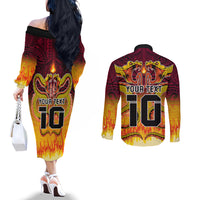 Custom PNG Port Moresby Vipers Rugby Couples Matching Off The Shoulder Long Sleeve Dress and Long Sleeve Button Shirts Fire Vipers Mix PNG Bird Polynesian Tattoo LT03 - Polynesian Pride