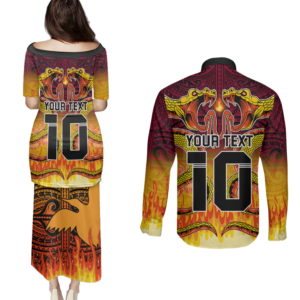 Custom PNG Port Moresby Vipers Rugby Couples Matching Puletasi Dress and Long Sleeve Button Shirts Fire Vipers Mix PNG Bird Polynesian Tattoo LT03 - Polynesian Pride