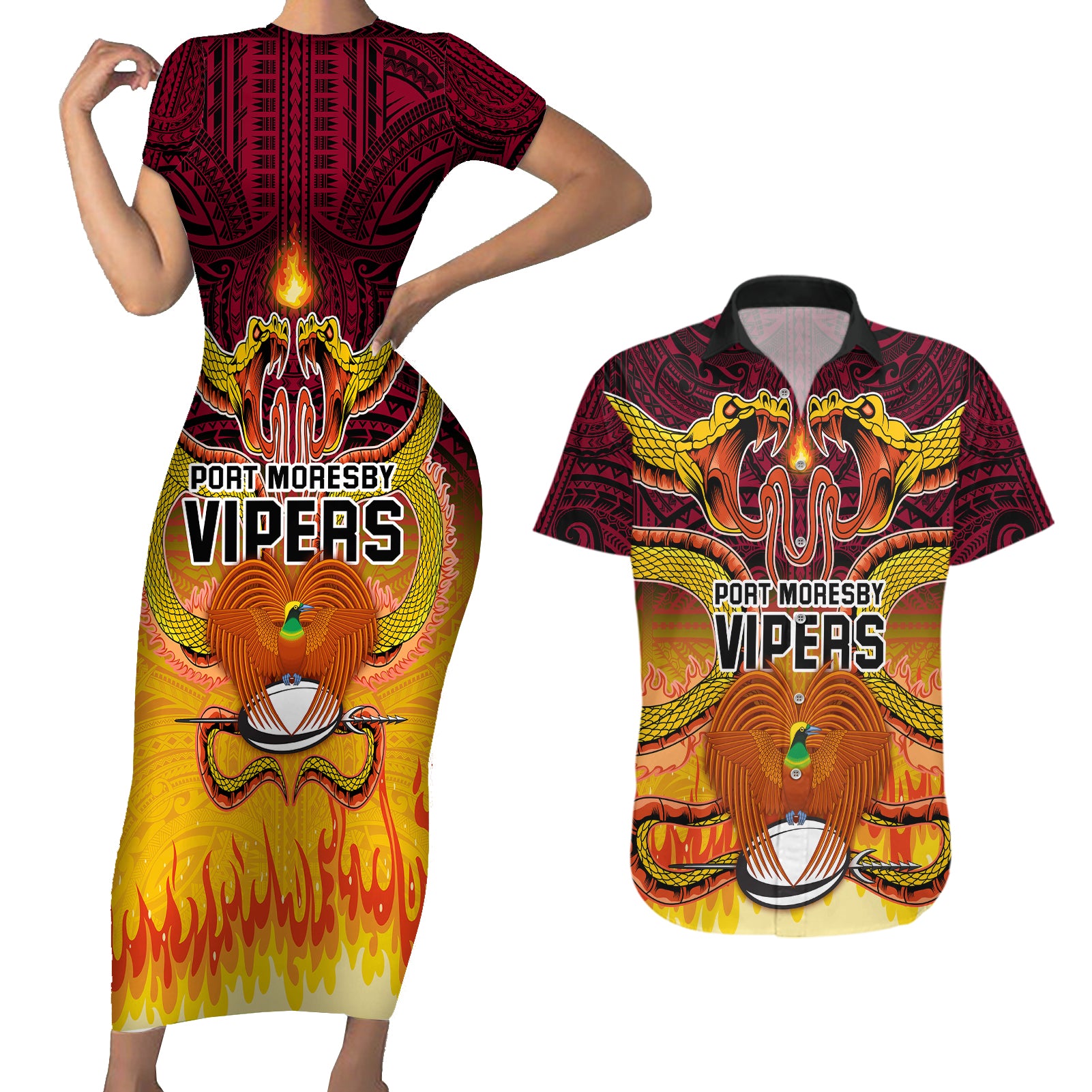 Custom PNG Port Moresby Vipers Rugby Couples Matching Short Sleeve Bodycon Dress and Hawaiian Shirt Fire Vipers Mix PNG Bird Polynesian Tattoo LT03 Yellow - Polynesian Pride