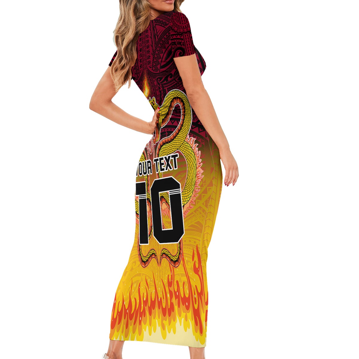 Custom PNG Port Moresby Vipers Rugby Short Sleeve Bodycon Dress Fire Vipers Mix PNG Bird Polynesian Tattoo LT03 - Polynesian Pride