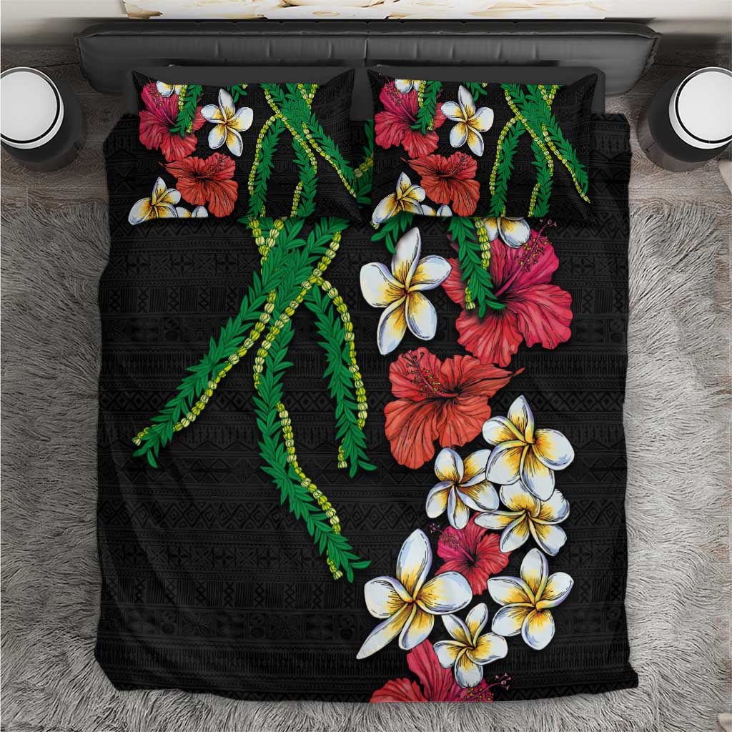 Hawaiian Tropical Flowers and Maile Pikake Bedding Set Polynesian Tribal Pattern Black Color