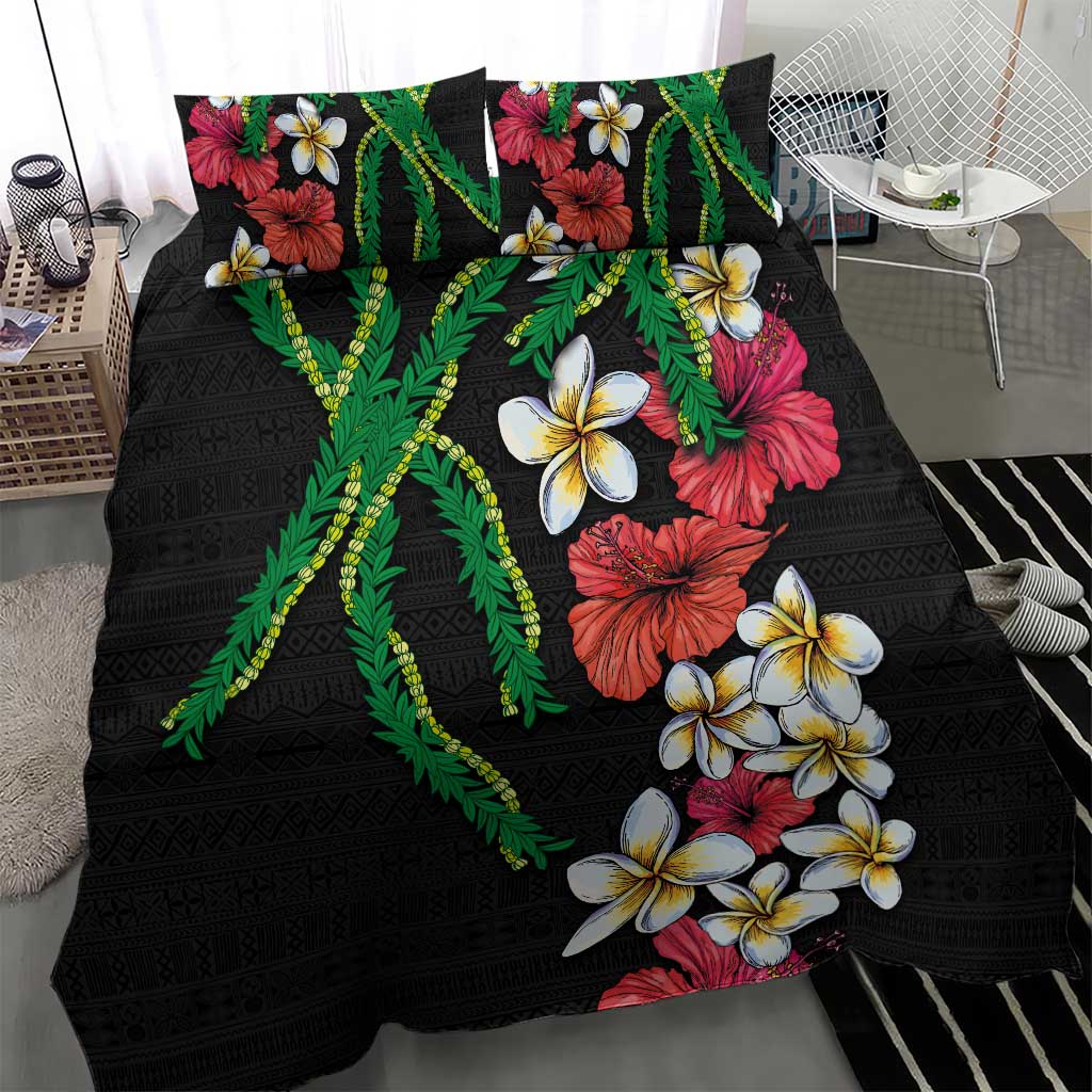 Hawaiian Tropical Flowers and Maile Pikake Bedding Set Polynesian Tribal Pattern Black Color