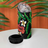 Hawaiian Tropical Flowers and Maile Pikake 4 in 1 Can Cooler Tumbler Polynesian Tribal Pattern Black Color