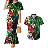 Hawaiian Tropical Flowers and Maile Pikake Couples Matching Mermaid Dress and Hawaiian Shirt Polynesian Tribal Pattern Black Color LT03 Black - Polynesian Pride