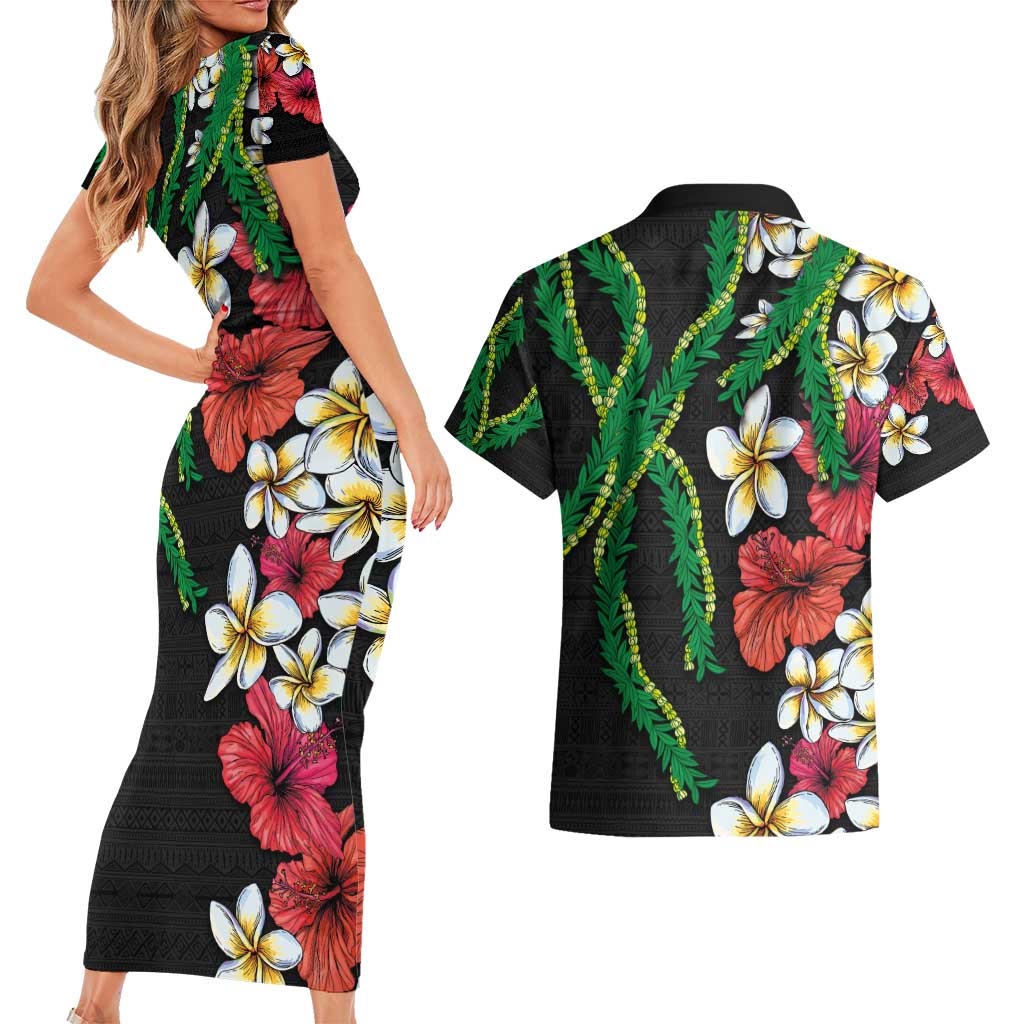 Hawaiian Tropical Flowers and Maile Pikake Couples Matching Short Sleeve Bodycon Dress and Hawaiian Shirt Polynesian Tribal Pattern Black Color