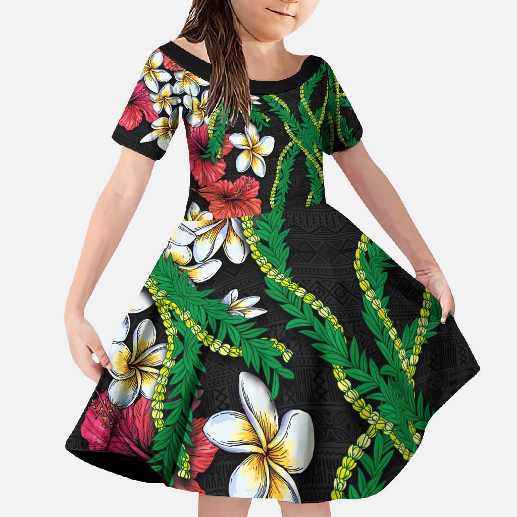 Hawaiian Tropical Flowers and Maile Pikake Family Matching Long Sleeve Bodycon Dress and Hawaiian Shirt Polynesian Tribal Pattern Black Color LT03 Daughter's Dress Black - Polynesian Pride