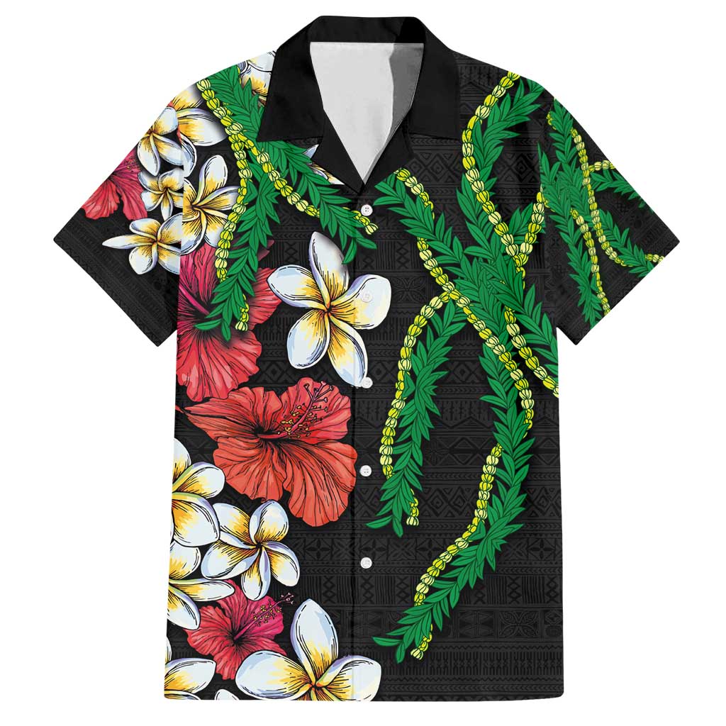 Hawaiian Tropical Flowers and Maile Pikake Family Matching Long Sleeve Bodycon Dress and Hawaiian Shirt Polynesian Tribal Pattern Black Color LT03 Dad's Shirt - Short Sleeve Black - Polynesian Pride