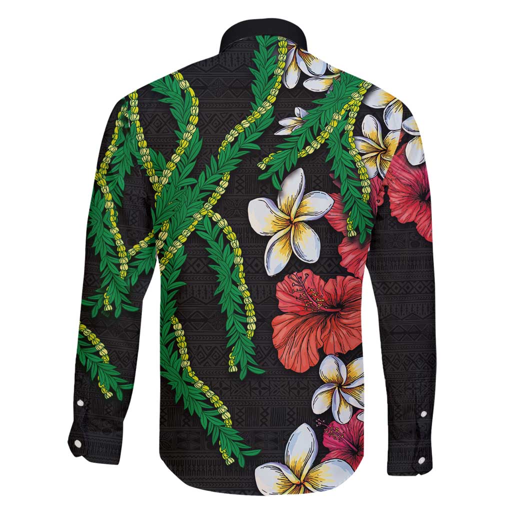 Hawaiian Tropical Flowers and Maile Pikake Family Matching Long Sleeve Bodycon Dress and Hawaiian Shirt Polynesian Tribal Pattern Black Color LT03 - Polynesian Pride