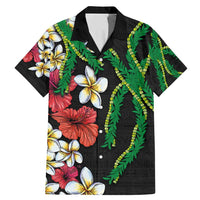 Hawaiian Tropical Flowers and Maile Pikake Family Matching Mermaid Dress and Hawaiian Shirt Polynesian Tribal Pattern Black Color